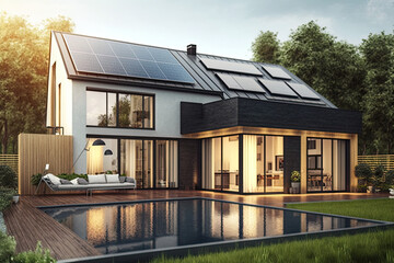 Modern house with solar panels and pool