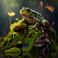 a pair of frogs on a mossy rock ,generative ai technology