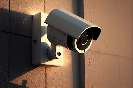 Surveillance camera on the facade of the building, public safety of the urban environment, technologies for surveillance. Generative AI