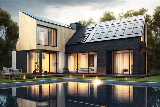 Modern house with solar panels and pool