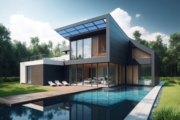 Fototapeta premium Modern house with solar panels and pool
