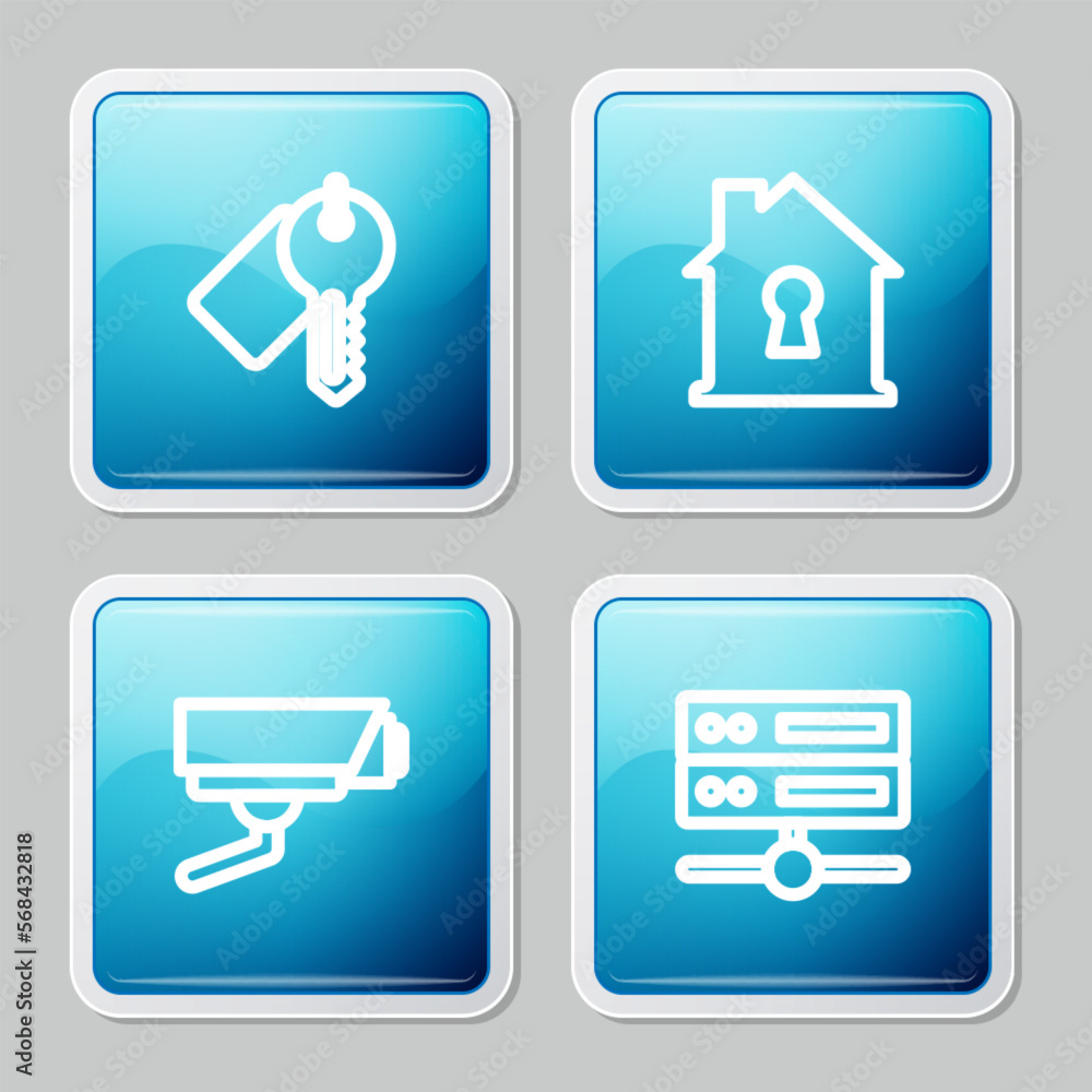 Poster set line marked key, house under protection, security camera and server, data, web hosting icon. vec