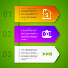 Set line House under protection, Laptop and lock, Password and Human head with. Business infographic template. Vector