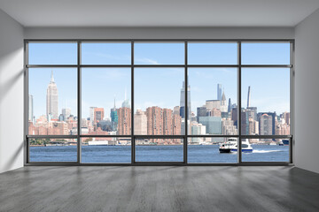 Fototapeta na wymiar Midtown New York City Manhattan Skyline Buildings from High Rise Window. Beautiful Expensive Real Estate. Empty room Interior Skyscrapers View Cityscape. Day time. East side. 3d rendering.