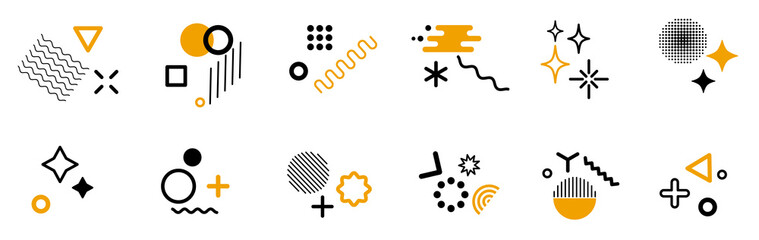 Glitter decoration icon set shapes, star geometric glitter pattern. Memphis design retro elements. Retro funky graphic, vintage print element collection - for stock