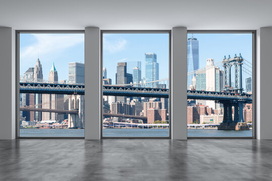 Downtown New York City Lower Manhattan Skyline Buildings. High Floor Window. Expensive Real Estate. Empty room Interior Skyscrapers View Cityscape. Financial district. Brooklyn Bridge. 3d rendering.