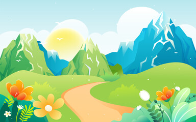 Fototapeta na wymiar People travel and travel in spring with mountains and forest in the background, vector illustration