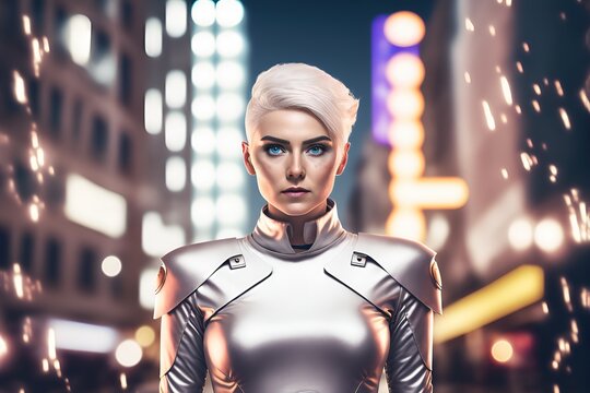 Woman With White Hair Dressed In Futuristic Cyber Fashion - Ai-generated