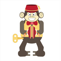 Wind Up Cymbal Monkey Toy amusement park cartoon concept. Toys for Toddlers Kids Children style vintage vector illustration