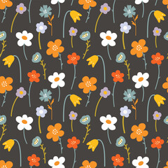 Vector seamless pattern with multi-colored abstract flowers on a dark background.