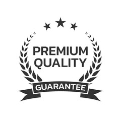 Premium quality icon or logo design with laurel wreath, stars and guarantee ribbon. Gold business label. Vector illustration.