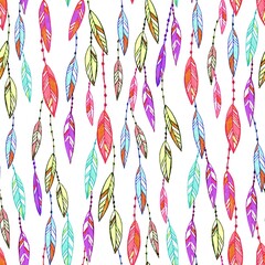 Colorful bird feathers, boho threads and beads seamless pattern. Various multicolored feathers illustration, boho style. Hand drawn fashion clothes, textile, t-shirt design .