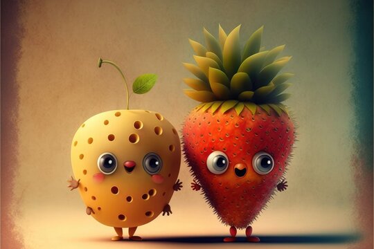 a cute adorable strawberry  character generative ai rendered in the style of children-friendly cartoon animation fantasy style