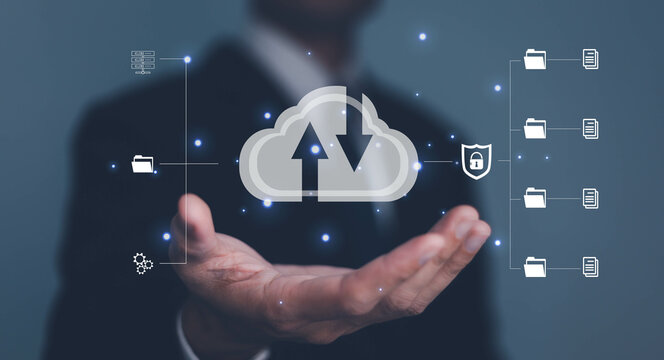 Hand holding virtual cloud computing with Global Internet connection. Business global internet connection application technology and access information, database.