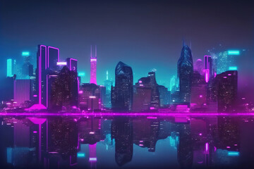 Plakat Futuristic city with neon light pink and blue illuminated skyline . Sublime Generative AI image .