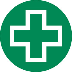 Cross in Circle Symbol First Aid Healthcare Green Sign Icon. Vector Image.