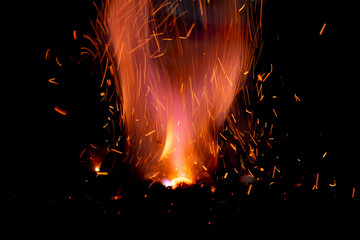 fire in dark. explosion black powder.