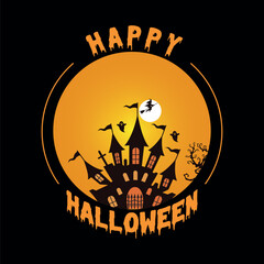 Happy Halloween Party T-shirt with Ghost House. Free vector happy Halloween celebration with night and scary castle. 