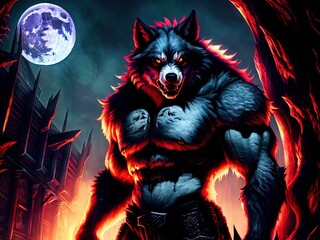 A savage werewolf  stands under a full moon. 