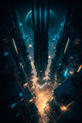 Science fiction night city, landscape, lights. Generative AI