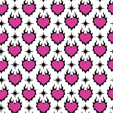 Emo  goth semless pattern with heart in flame and stars. Y2k wallpaper, fabric, background, print. 90s, 00's heart shaped graphic in glam style
