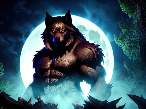 A savage werewolf  stands under a full moon. 