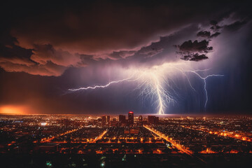 Naklejka na ściany i meble Cityscape illuminated by lightning at night: a dramatic skyline view, Generative AI