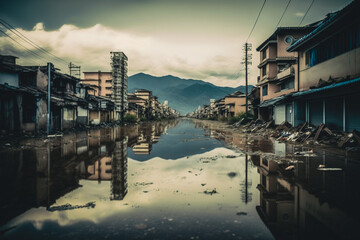 Naklejka premium Devastation in a small city: flooded ruins after a large storm, Generative AI