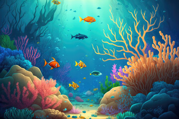 Amazing and stunning underwater environment with corals and tropical fish. Generative AI