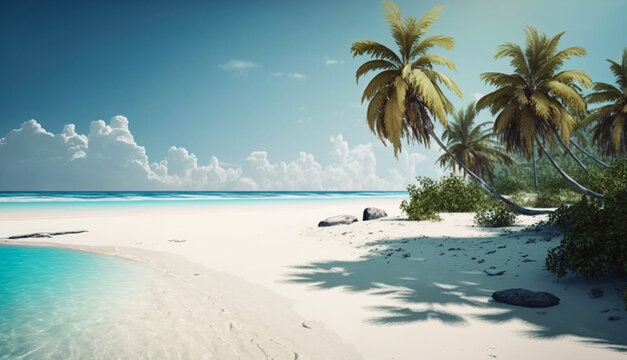 realistic landscape, white beach with calm sea, high bright sun. Generative AI