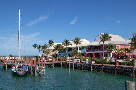West End, Grand Bahama Island, Bahamas - January 6, 2023: A tropical resort and marina on the West End of Grand Bahama Island is a popular tourist destination.