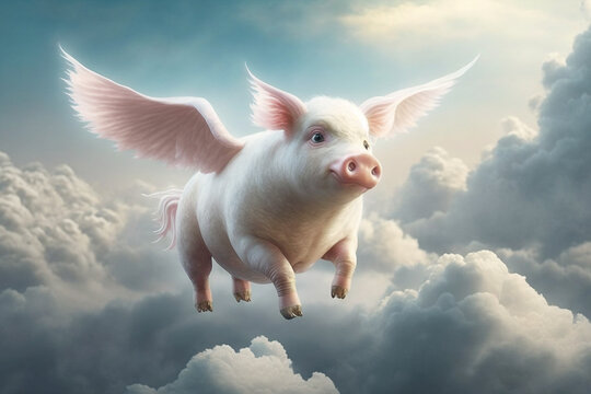 Illustration of a pig with wings flying in the clouds - AI generative
