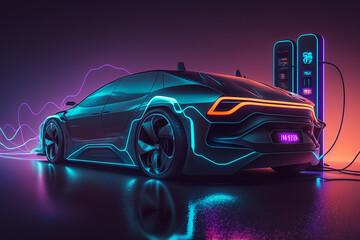 Obraz na płótnie Canvas Modern electric car with charging station, futuristic hologram. Generative AI