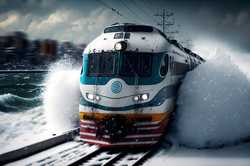 Fototapeta na wymiar Snowplow train with turbines that hurtles through the snowdrifts on the railway. Generative AI