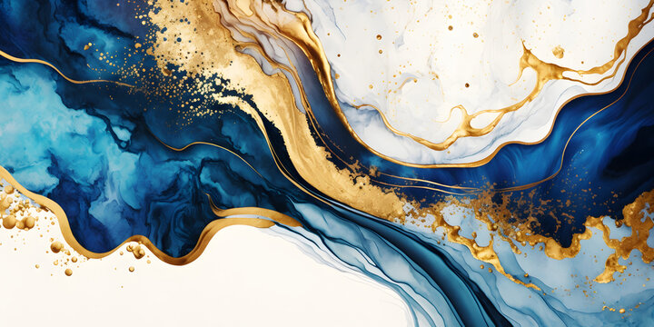 blue and gold watercolor marble background. abstract texture. generativ ai
