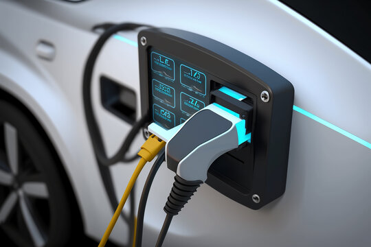 EV vehicle electric hybrid car power charging station with display futuristic UI. Generative AI