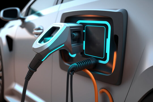 EV vehicle electric hybrid car power charging station with display futuristic UI. Generative AI
