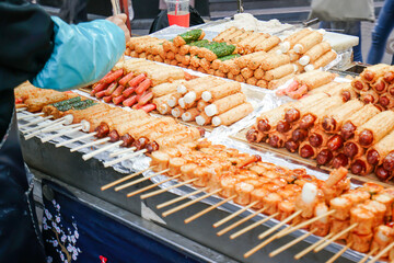 Korean fishcake, Eomuk or Odeng, freshly cooked and displayed on a food stall. Korean street food...