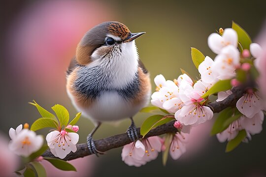 close up cute sparrow bird in warm spring time on cherry blossom tree branch, idea for romantic lovely animal background, Generative Ai © QuietWord