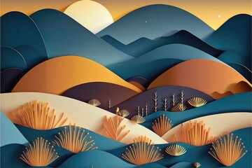 Fototapeta na wymiar nature Landscape Paper Cut style with rounded Curved shapes and gradients generative ai abstract geometric lines pattern background