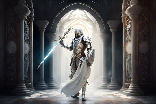 White Ancient Magic Knight in a Temple, Fantasy Background - Illustration generativ ai 