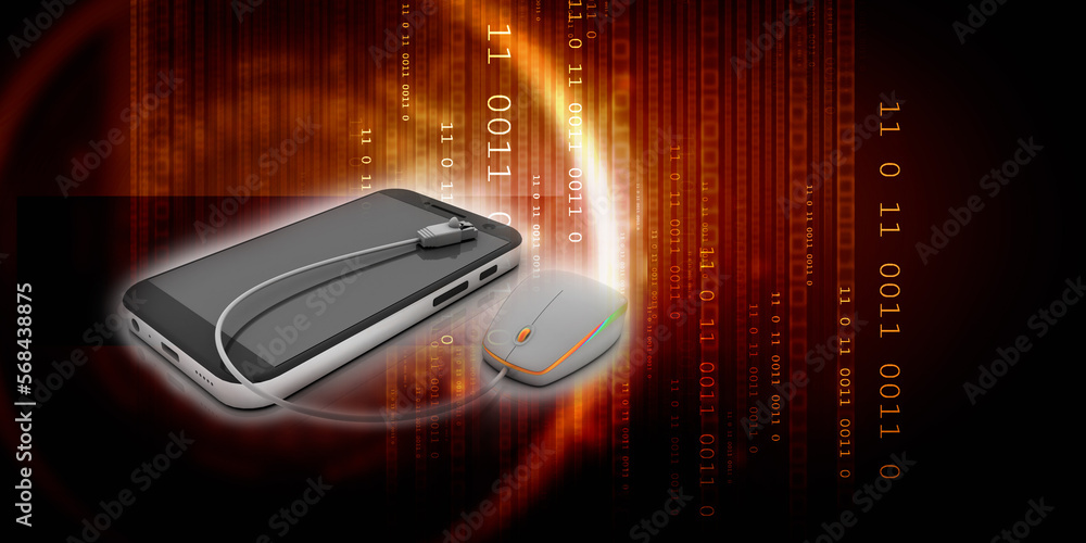 Poster 3d rendering mobile phone with rj45 connected mouse