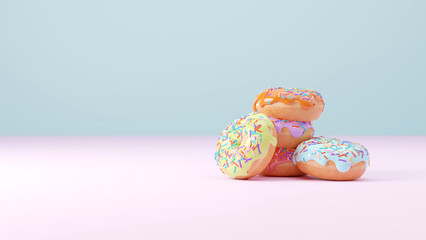 Colorfull glaze donuts on stage with pink and blue background