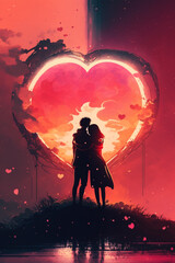 A couple hug each other while sunrises and love symbols float everywhere created using Generative AI