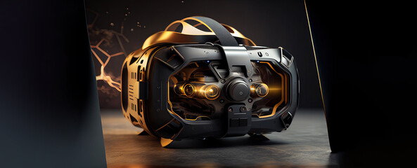 Futuristic gaming VR: A High-Tech virtual reality headset in a futuristic and hyper-realistic 3D render with a bokeh background and bright yellow lights