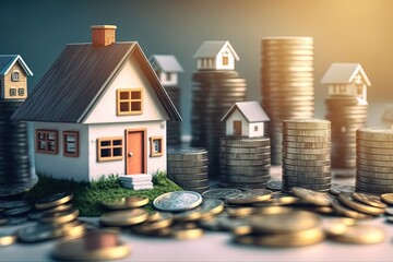many houses with a lot of coin stack, idea for property investment, income , tax, and passive income,  - obrazy, fototapety, plakaty