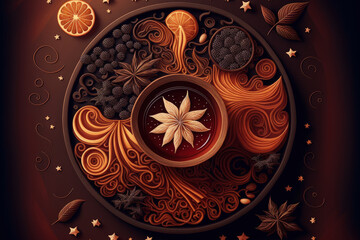 A swirling pattern of mulled wine and spices. Generative AI