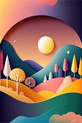 nature Landscape Paper Cut style with rounded Curved shapes and  gradients generative ai abstract geometric lines pattern background 