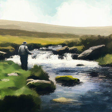 Midday Fishing Riverbank Hill Green Grass Spring Summer Landscape Sky River Dartmoor Painting Generative AI Tools Technology illustration