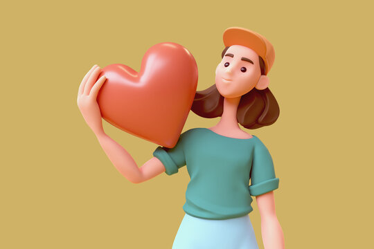 Portrait of cute casual kawaii funny brunette asian k-pop girl wears blue pants, green t-shirt,  orange cap holding red heart shape with hand. I Love You. Minimal  style. 3d render on yellow backdrop.